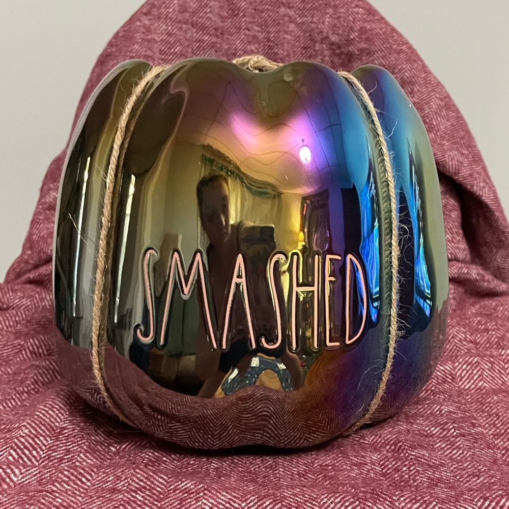 Rae Dunn “Smashed” purple, iridescent pumpkin planter.